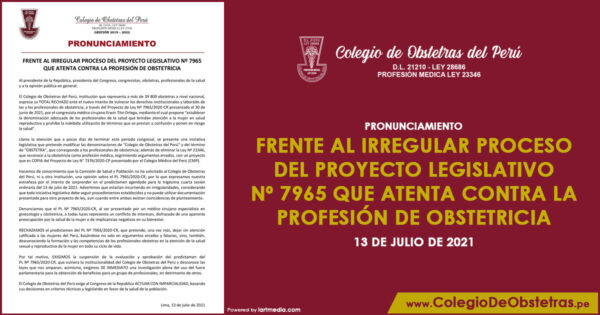 FRENTE AL IRREGULAR PROCESO DEL PROYECTO LEGISLATIVO Nº 7965 QUE ATENTA CONTRA LA PROFESIÓN DE OBSTETRICIA